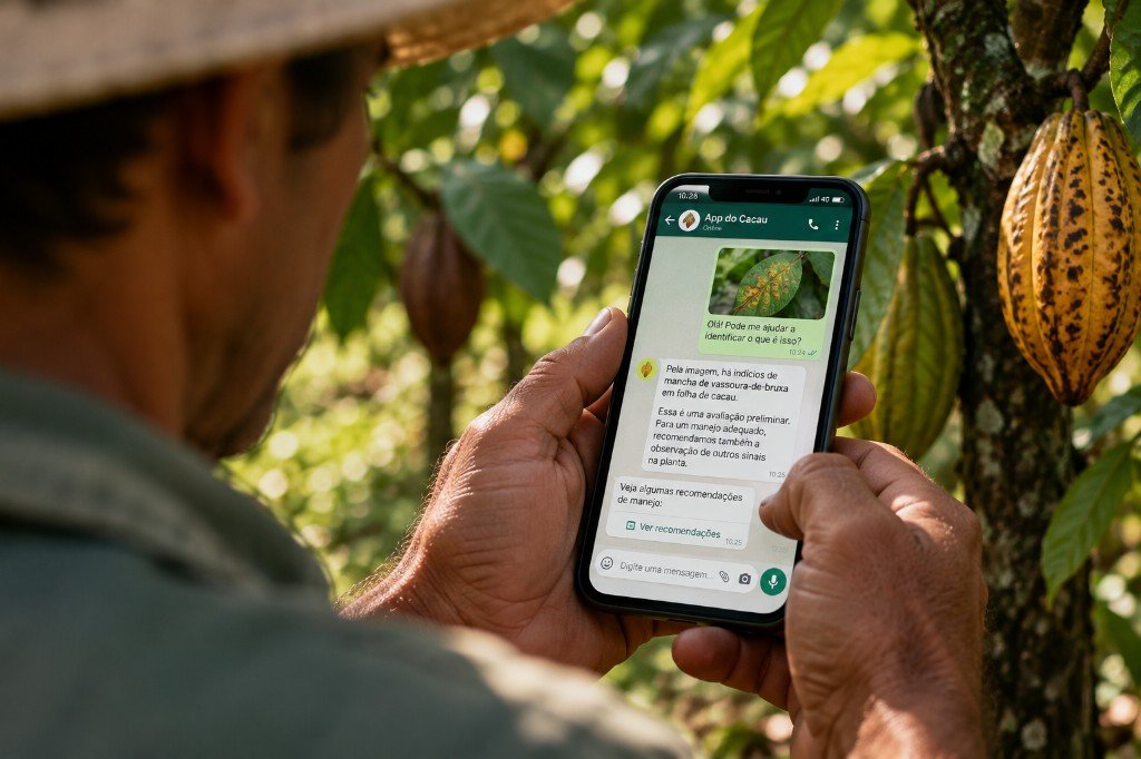 Produtor de cacau na lavoura usando o App do Cacau no WhatsApp